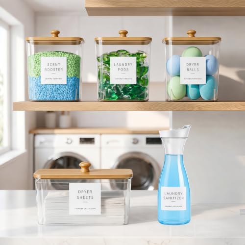 4+1 Pack Laundry Pods Containers & Dryer Sheet Holder & Laundry Detergent Dispenser, Laundry Room Organization and Storage Jars with Lids, Labels and Scoops for Scent Booster, Powder, Pods - Image 4