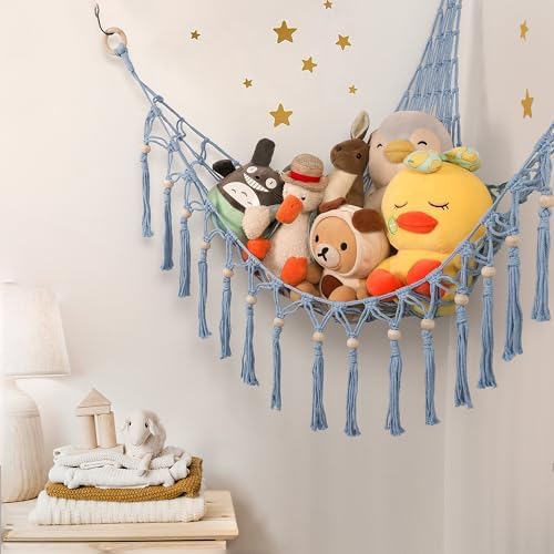 Stuffed Animal Toy Storage Hammock with LED Light-Macrame Jumbo Doll Room Organizer Mesh Decoration-Hanging Storage Nets Kids Bedroom(Blue Beads) - Image 3