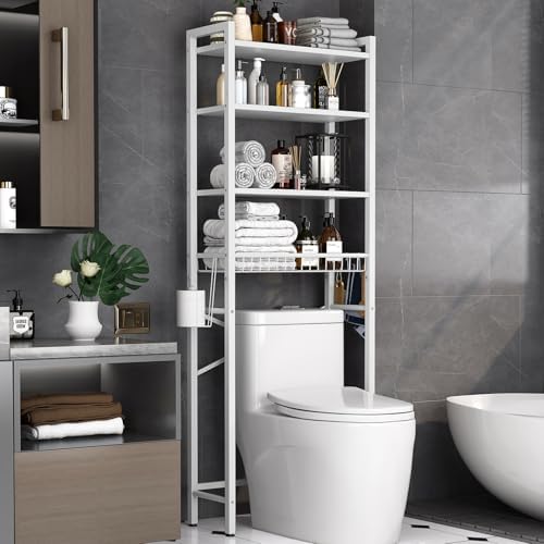 Kalrin Over-The-Toilet Storage Rack, 4-Tier Bathroom Organizer Shelf Over Toilet with Adjustable Shelf and Basket, Freestanding Space Saver Bathroom Shelves Above Toilet for Room (Pure White) by Kalrin