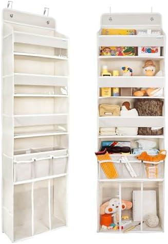 Door Hanging Storage Organizer,with 3 Bins 1 Movable Baby Diaper Caddy,1 Large capacity diaper stacking storage Organizer,10 Side Pockets ,Bedroom Door Storage for Nursery Baby Essentials. (Beige) by EZVERY