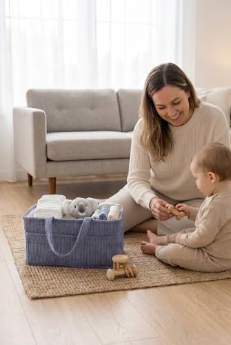 Diaper Caddy Organizer, Premium Blue Indigo Corduroy Nursery Storage Basket with Removable Dividers & Handles, Portable Organizer for Diapers, Essentials, Baby Registry & Shower Gift - Image 3