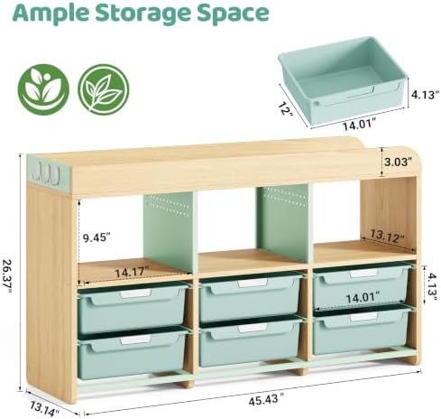 APEXCHASER Toy Storage Organizer with 6 White Bins - Wooden Playroom Storage Cabinet for Toys, Books & Art Supplies, Green - Image 2