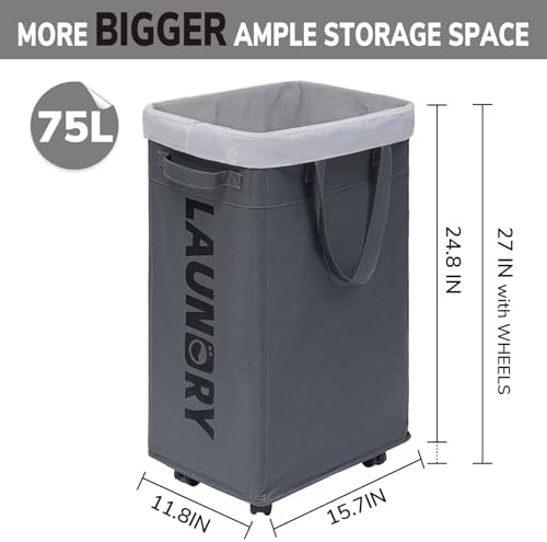 Goodpick 75L Laundry Basket with Wheels & Removable Wash Bag for Dorm - Image 3