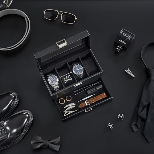 ProCase Watch Case, 4 Slot Mens Watch Box with Drawer -Black - Image 2