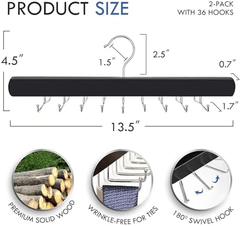 2-Pack Tie Rack Hanger for Closet, 36 Hooks Belt Hanger, Black - Image 4
