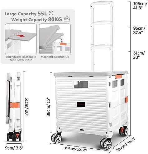 Foldable Utility Cart Collapsible Portable Crate Rolling Carts with Wheels Tote Basket with Magnetic Lid Telescopic Cover Wear-Resistant 360°Rotate Wheel Noiseless for Shopping Storage Office Use - Image 6