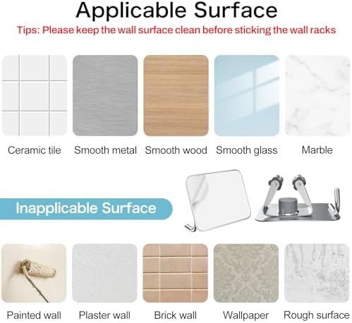 2P No Drill Self Adhesive Broom Mop Holder Wall Mount with Hooks Silver - Image 5