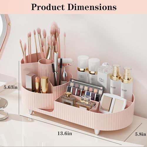 Pink Rotating Vanity Organizer with Brush Holder - Large Spinning Cosmetic Storage, Countertop Makeup & Skincare Organizer, Perfume & Lotions Display Case - Image 2
