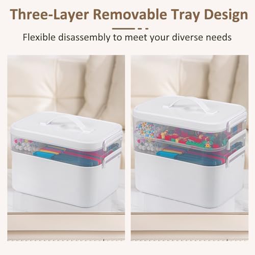 3-Layer Plastic Craft Organizers and Storage Box with Removable Trays, Storage Containers with lids and Handle, Art Supply Storage Organizer for Bead, Ornament, Nail Polish, Tape（10.62"x9"x7.67"） - Image 4