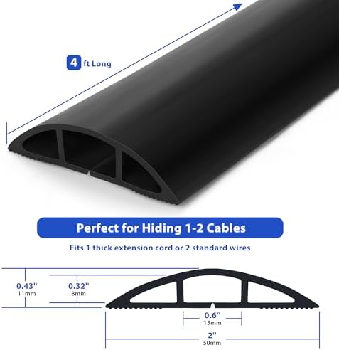 ZhiYo 4ft Floor Cord Cover, Cable Cavity 0.6" W x 0.32" H, Black - Image 3