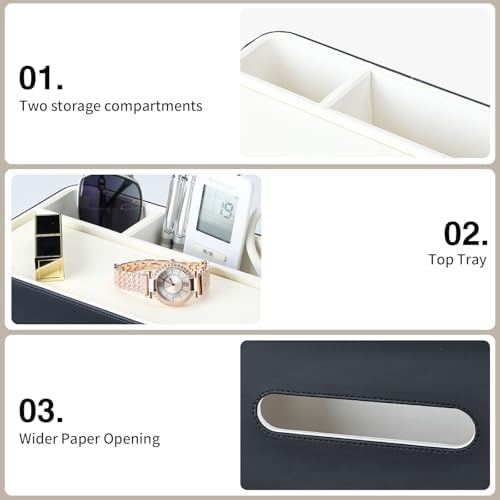 PU Leather Tissue Box Cover Rectangular with Storage Organizer Tray, Multifunctional Remote Control Holder, Desk Organizer for Living Room, Bedroom, Office, Decorative Tissue Holder Black - Image 6