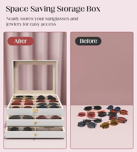 Sunglasses Organizer Storage Box - 30 Slots Eyeglass Display Case for Multiple Pair Glasses, 3-Layer Holder with Clear Glass Lid, Jewelry and Watch Collection Box for Women and Men, White - Image 5