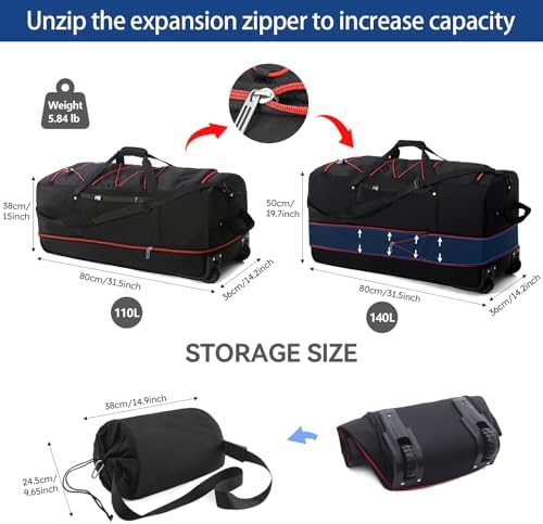 110L Expandable to 140L 32” Foldable Oxford Soft-Sided Rolling Duffle Bag with 2 Heavy-Duty Wheels,2 Large Compartments,Adjustable Shoulder Strap and Attached Organizer Pouch,Black Red - Image 2