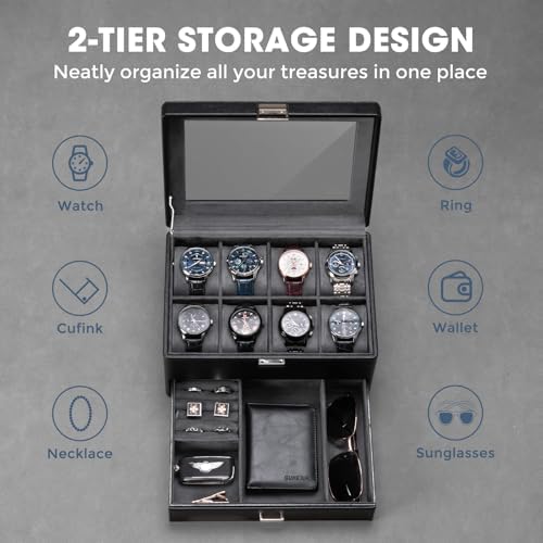 ProCase Premium Watch Box for Men, Jewelry Organizer Box with Drawer, Display Storage Case with Glass Lid -Black, 8 Slot - Image 5