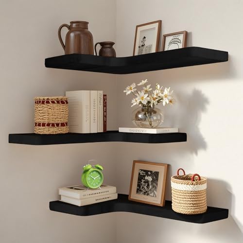 Floating Corner Shelves Set of 3, Solid Wood Picture Wall Shelf, Floating Shelves for Storage for Bedroom Kitchen Bathroom Living Room (Black) by Unknown