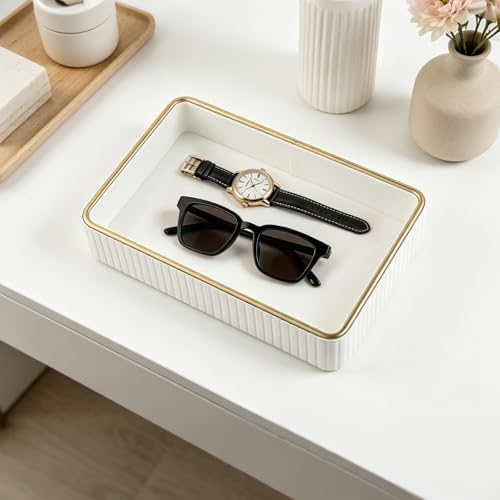 PU Leather Valet Tray,Desk Organizer Tray Nightstand Organizer Trinket Dish Storage Key Bowl Decorative Trays for Phone Wallet Jewelry Watch,Bathroom Bedroom Perfume Vanity Trays,Cream - Image 3