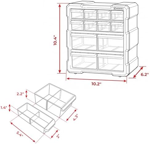 INTERTOOL Small Parts Organizer - 12 Removeable Bin Drawers - Tool Box for Storing Hardware and Garage Organization - For Screws, Bolts, Legos, Arts and Crafts - 10” x 10” x 6” - BX08-4024 - Image 3