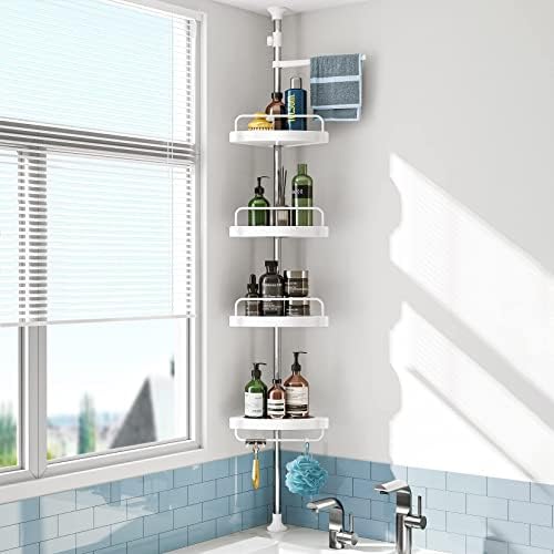 HAMITOR Corner Shower Caddy Tension Pole: Adjustable Stainless Steel Shower Organizer with 4 Tier Shelf for Bathroom Bathtub Tub Shampoo - Floor Standing Rack Bath Storage Holder with Rust Proof Rods by HAMITOR