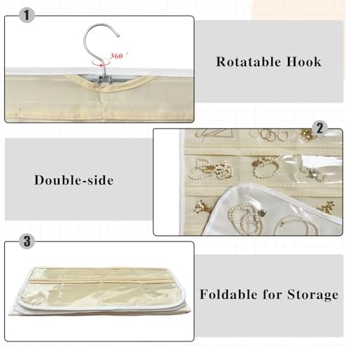 Hanging Jewelry Organizer 80-Pocket Double-Sided, 2-Pack, White and Beige - Image 2