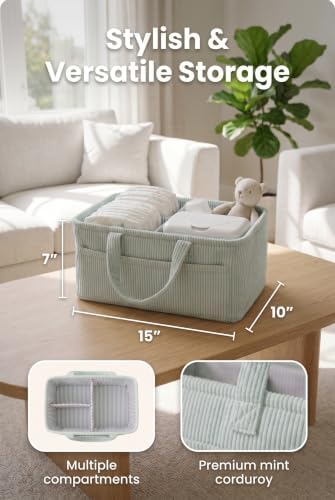 Diaper Caddy Organizer, Premium Mint Corduroy Nursery Storage Basket with Removable Dividers & Handles, Portable Organizer for Diapers, Essentials, Baby Registry & Shower Gift - Image 7