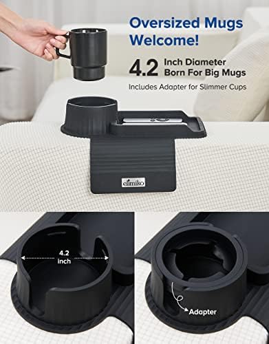 Couch Cup Holder Tray, Elimiko Silicone Sofa Drink Holder with Large Cup Holder and Tray, for Oversized Mugs/Long Remote/Snacks/Cellphone (Black) - Image 3