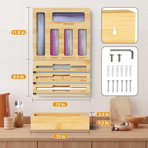 DALSHABET 9-in-1 Bamboo Kitchen Drawer Organizer for Storage Bags and Wrap - Image 3