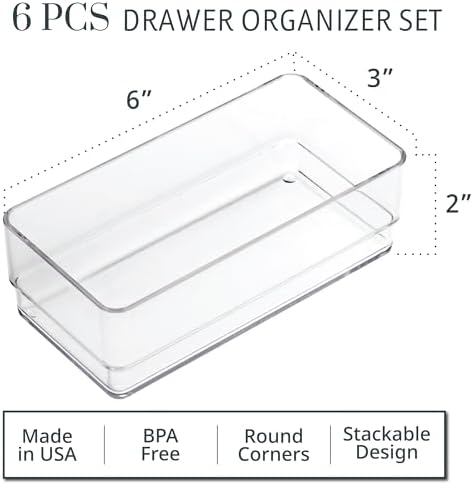 STORi SimpleSort 6-Piece Stackable Clear Drawer Organizer Set | 6" x 3" x 2" Rectangle Trays | Small Makeup Vanity Storage Bins and Office Desk Drawer Dividers | Made in USA - Image 2