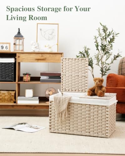 SETVSON Storage Basket with Lid 105L PE Rattan Storage Bin Light Khaki - Image 5