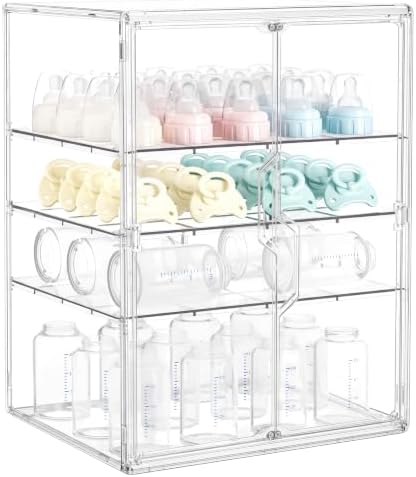 HBlife Baby Bottle Storage Organizer for Countertop Cabinet, 4 Tiers Adjustable Clear Acrylic Bottles Storage Station Case Box Container with 3 Removable Dividers and Magnetic Double Door, X-Large by HBlife