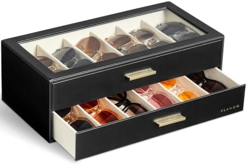 VLANDO 12-Slot Sunglasses Organizer Case with Clear Lid & 2 Drawers,Black by VLANDO