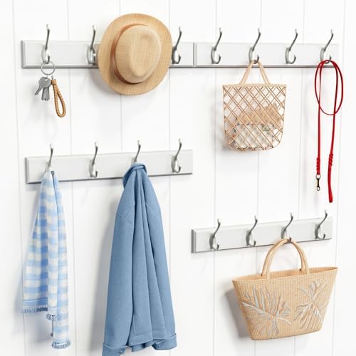 Forbena White Coat Rack Wall Mount 4-Pack, Coat Hanger Wall Mounted for Hanging Clothes Purse, Modern Key Holder Hooks for Closet Hat, Belt, Bag, Backpack, Leash (White and Silver - 16 Hooks) - Image 2