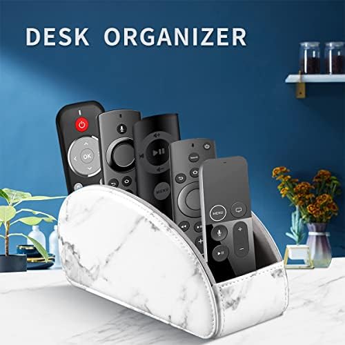All-in-One Leather White TV Remote Holder for Remote Conrtols with 5 Compartments Nightstand Desktop Media Player Remote Caddy Storage Box Organizer Tray for Mobile Office Stationery Phone Controller - Image 3