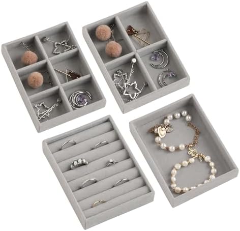 Frebeauty Small Jewelry Organizer for Drawer,Set of 4 Velvet Jewelry Trays by Frebeauty