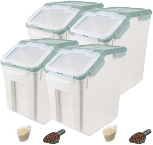 50LB Large Flour Storage Container Bin,4 Pack Airtight Plastic with Wheels Seal Locking Lid Dispenser Organizer Bin with Measuring Cup & Scoop for Flour, Rice, Grain 100LBS Total Capacity(Green) by YXQ