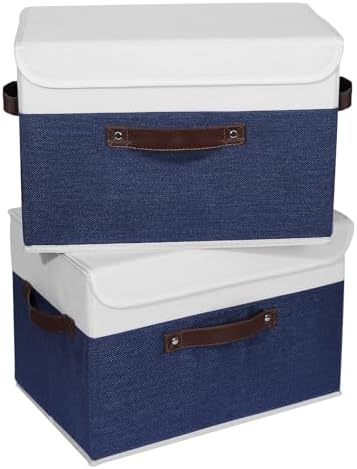 ANMINY Fabric Storage Box Bins with Lids, Blue White, 15"x10"x10", 2 Pack - Image 2