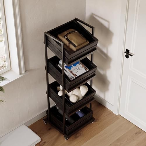 LITTLE TREE 4-Tier Basket Stand with Locked Wheels, Mobile Fruit and Vegetable Storage, Floor Stand Rack, Utility Shelf, for Kitchen, Living Room, Pantry (Black, 2) - Image 6