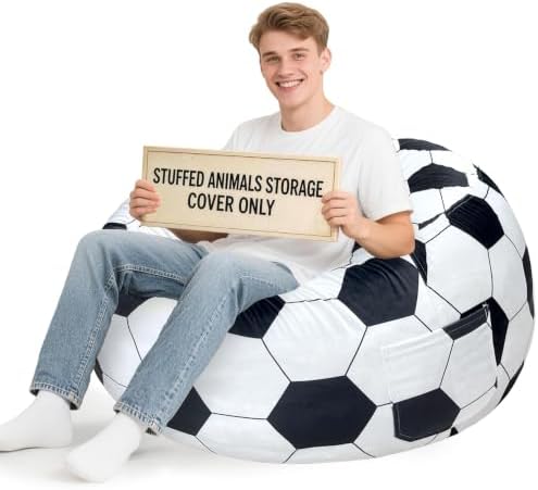 Lukeight Soccer Stuffed Animal Storage Bean Bag Chair Cover for Adults (No Filler), Velvet Plush Toy Organizer Seat, Long YKK Zipper, Side Pocket, XXX-Large 42"D x 23"H by Lukeight