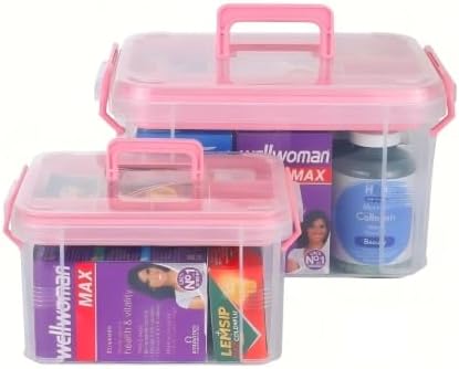 HEY FOLY Set of 2 Medicine Organizer - Plastic Storage Box with Handle Pink by HeyFoly