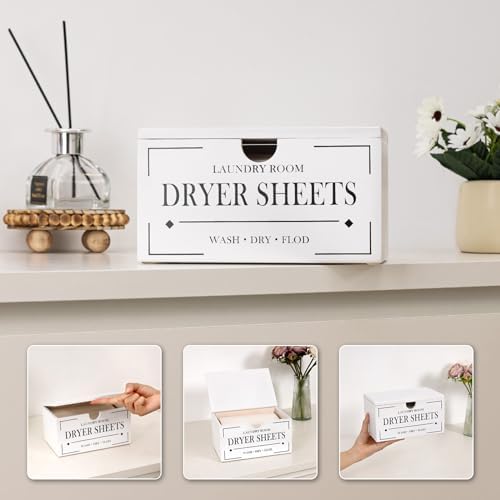 HouseJoy Dryer Sheet Holder-White Dryer Sheet Container with Lid,Rustic Farmhouse Wooden Dryer Sheet Dispenser for Fabric Softener Sheets,Laundry Room Decor Organization/Storage - Image 4
