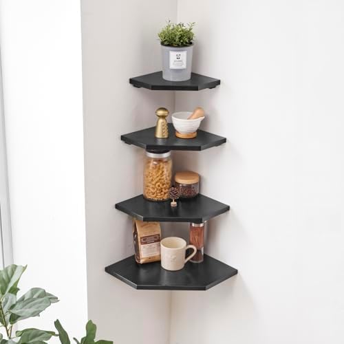 Corner Wall Shelves Set 2 Solid Oak Wood with Wire Hole Wall Mount,Black - Image 4