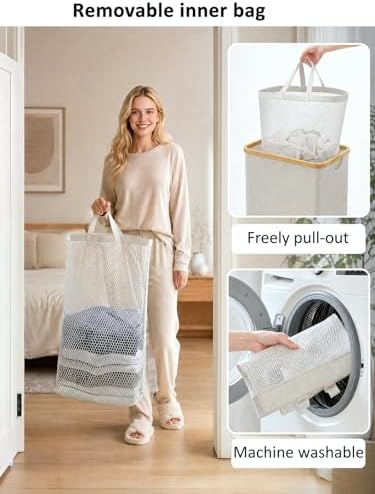 IEGrow Laundry Hamper with Lid,110L Laundry Basket with Mesh Bag,Light Grey - Image 5