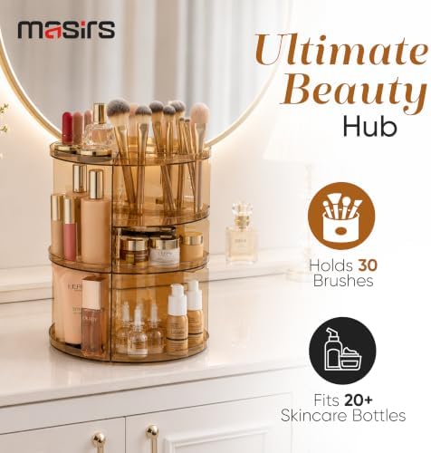 Masirs 360 Rotating Makeup Organizer Countertop, Adjustable Shelf, Brown - Image 5