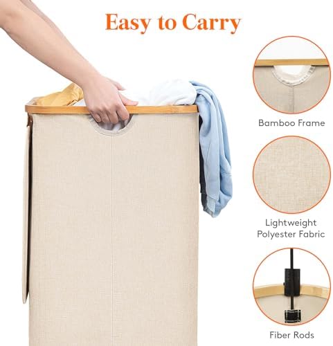 Lifewit 120L Large Laundry Basket with Lid, 2 Removable Bags, Beige - Image 6