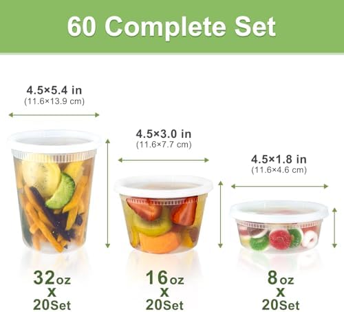 60 Sets (120-Piece) Deli Containers with Lids, 32/16/8 oz X 20 Set Each - Image 2