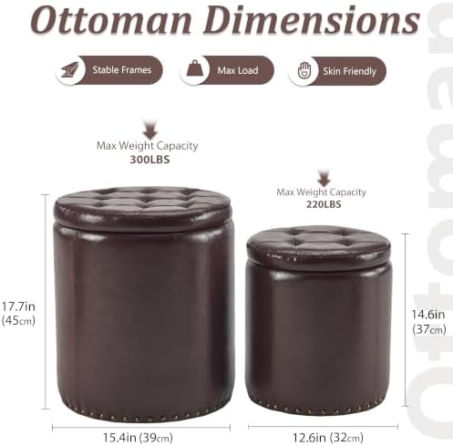 Royal Windsor Round Ottoman with Storage Set of 2, Faux Leather Button Tufted Vanity Stool, Storage Ottoman Coffee Table, Small Leather Foot Rest Stool for Living Room, Bedroom, Coffee - Image 2