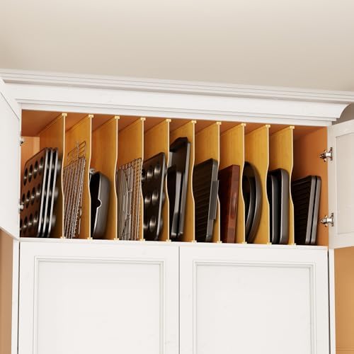 SpaceAid 10 Pack Tray Dividers for Cabinets, Bamboo Kitchen Cookie Baking Sheet Organizer for Cabinet, Vertical Pan and Trays Organizers for Pantry Storage by SpaceAid