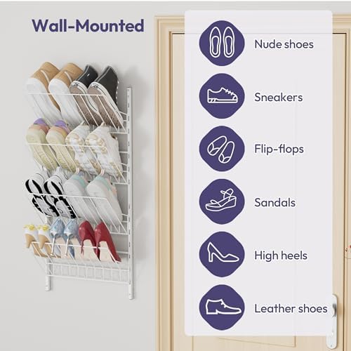 SWTYMIKI Over the Door Shoe Organizer - Adjustable 4 Tier Hanging Shoe Rack Organizer, Metal Heavy Duty Behind Door Storage or Wall Mount Shoes Shelf for Flats, Heels, Sneakers, Boots - Image 3