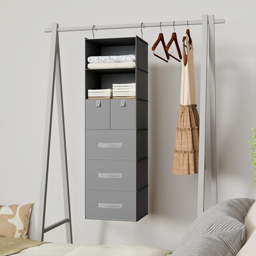 6-Shelf Hanging Closet Organizer with 5 Drawers, Non-Woven Storage, Gray - Image 2
