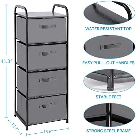 MAX Houser 4 Drawer Fabric Dresser Tall Storage Tower, Dresser Chest with Wood Top, Vertical Nightstand Side Organizer Unit with Metal Frame for Closets Bedroom Nursery Room Hallway(Leaden) - Image 3