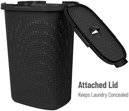 Mind Reader 60L Slim Laundry Hamper, Clothes Basket, Lid, Wicker Design, Plastic, 17.65"L x 13.75"W x 24.15"H, Black - Image 5